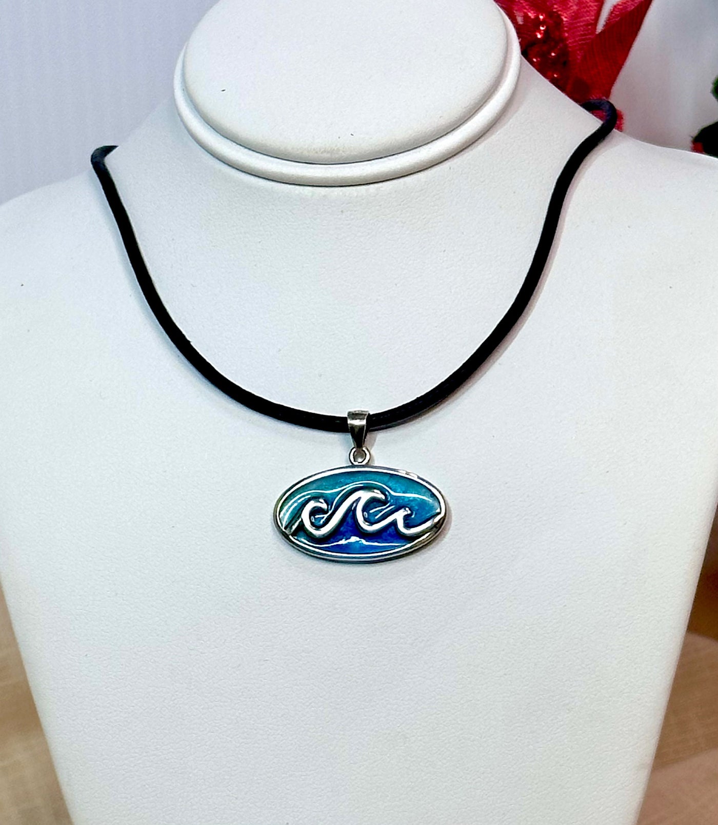 Beach Wave Pendant .925 Sterling Silver Necklace-Oval Ocean Blue Wave Charm-Unisex Coastal Jewelry-Made in the USA-Great Father’s Day Gift