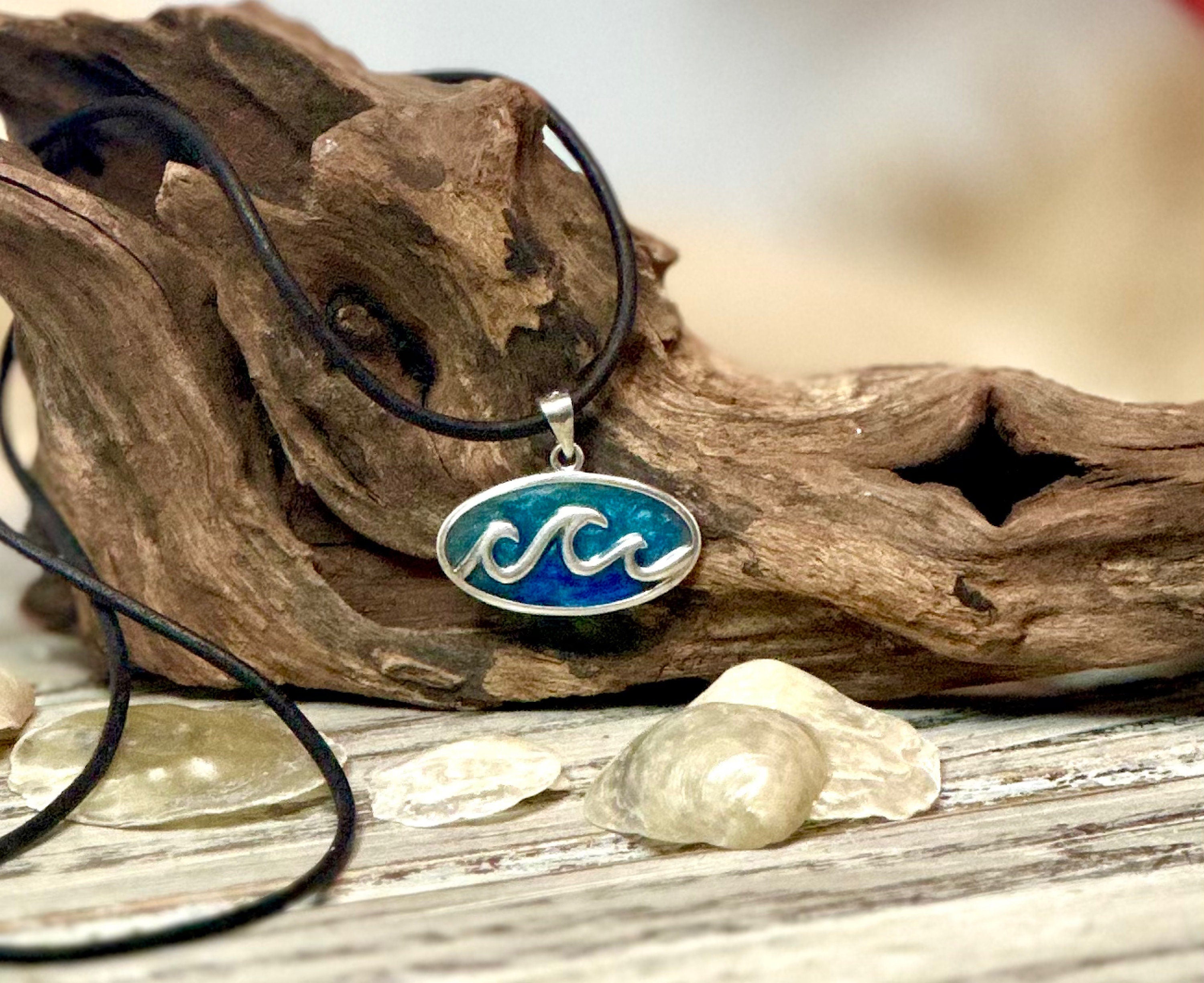 Beach Wave Pendant .925 Sterling Silver Necklace-Oval Ocean Blue Wave Charm-Unisex Coastal Jewelry-Made in the USA-Great Father’s Day Gift