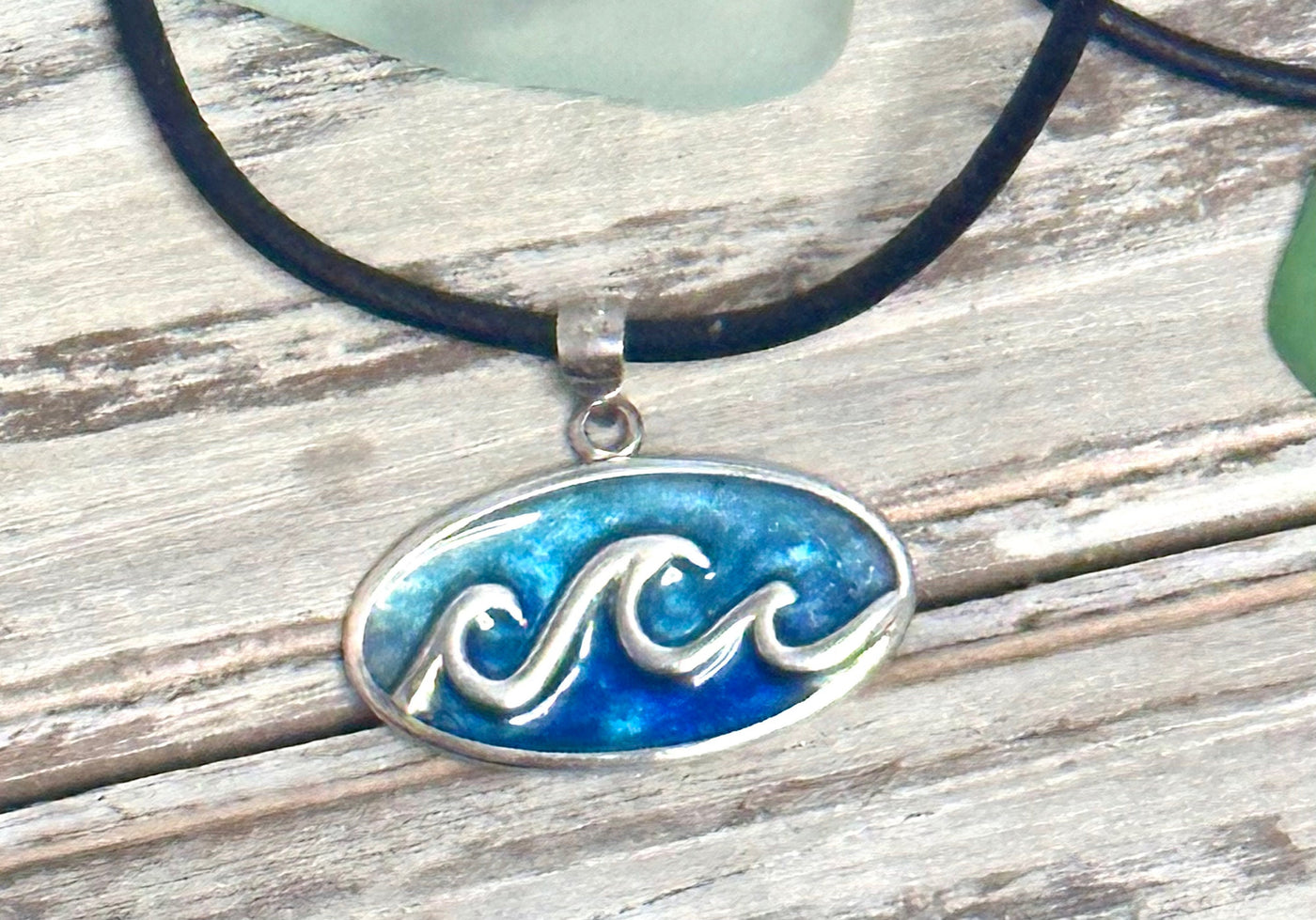 Beach Wave Pendant .925 Sterling Silver Necklace-Oval Ocean Blue Wave Charm-Unisex Coastal Jewelry-Made in the USA-Great Father’s Day Gift