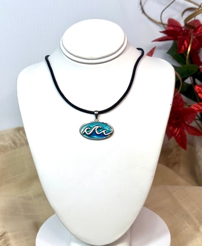 Beach Wave Pendant .925 Sterling Silver Necklace-Oval Ocean Blue Wave Charm-Unisex Coastal Jewelry-Made in the USA-Great Father’s Day Gift