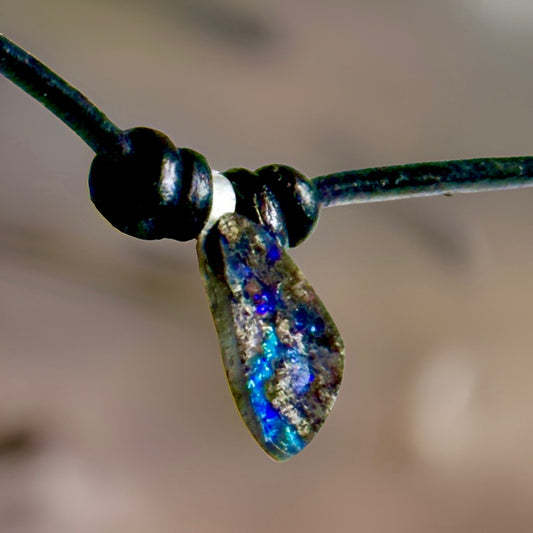 Blue and Purple Boulder Opal Necklace-Australian Freeform Opal with Smooth 2.0mm Black Leather Cord and .925 Sterling Silver Hardware