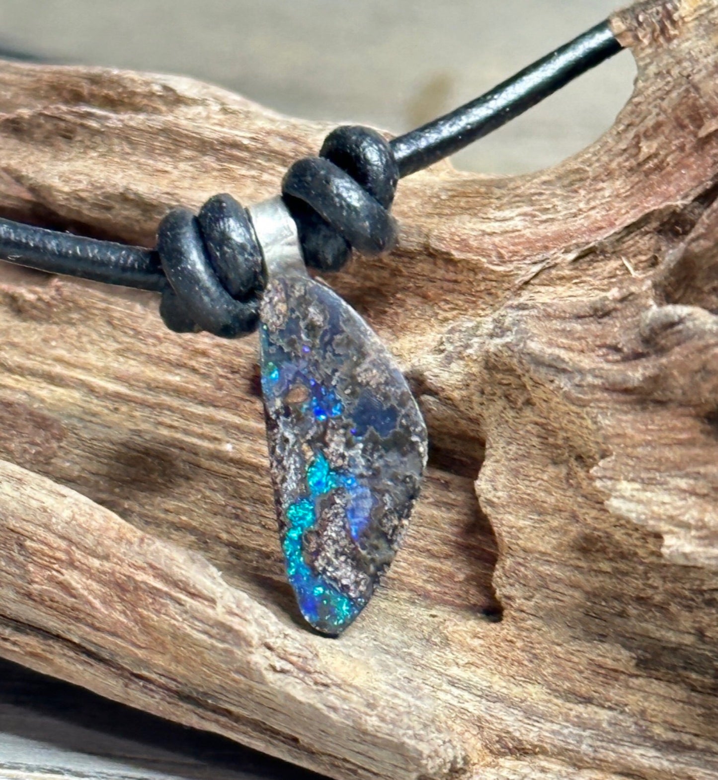 Blue and Purple Boulder Opal Necklace-Australian Freeform Opal with Smooth 2.0mm Black Leather Cord and .925 Sterling Silver Hardware