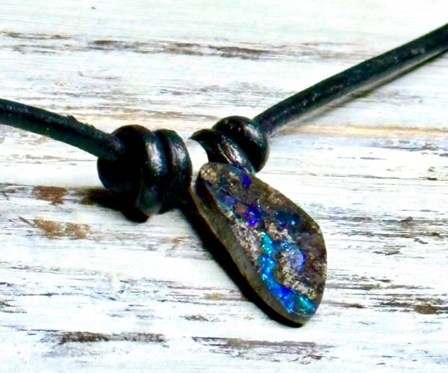 Blue and Purple Boulder Opal Necklace-Australian Freeform Opal with Smooth 2.0mm Black Leather Cord and .925 Sterling Silver Hardware