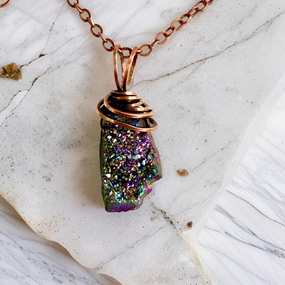 Electroplated Crystal Druzy and Solid Copper Necklace-Hand Crafted-Healing Wrapped Oxydized 99.99% Solid Copper, Recycled Materials-Unisex