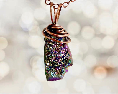 Electroplated Crystal Druzy and Solid Copper Necklace-Hand Crafted-Healing Wrapped Oxydized 99.99% Solid Copper, Recycled Materials-Unisex