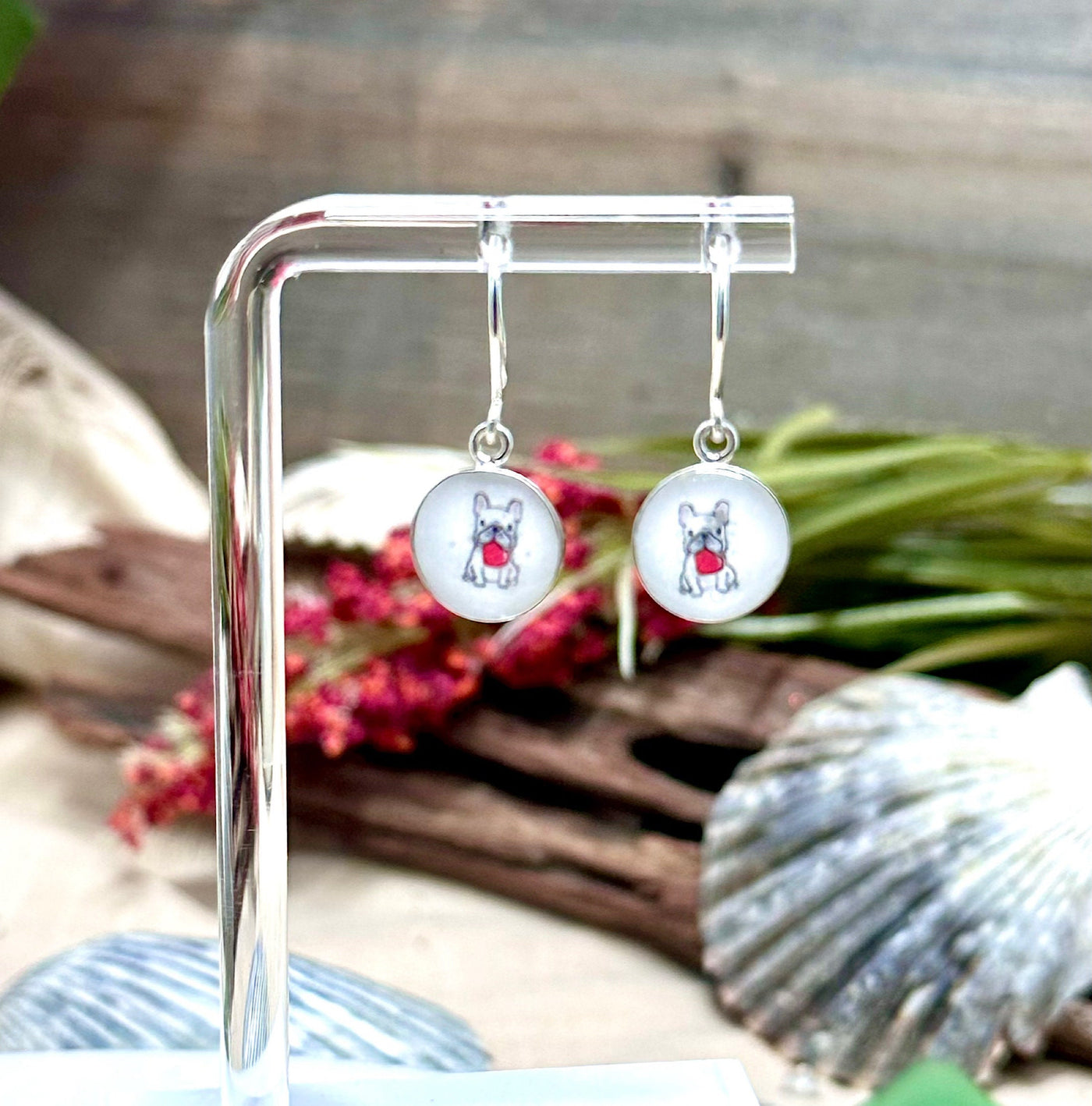 Adorable 10.5mm Sterling Silver French Bulldog Earrings-White/Red Heart Resin Frenchie-.925 Valentine’s Frenchie-2 Styles-Dog Breed Jewelry