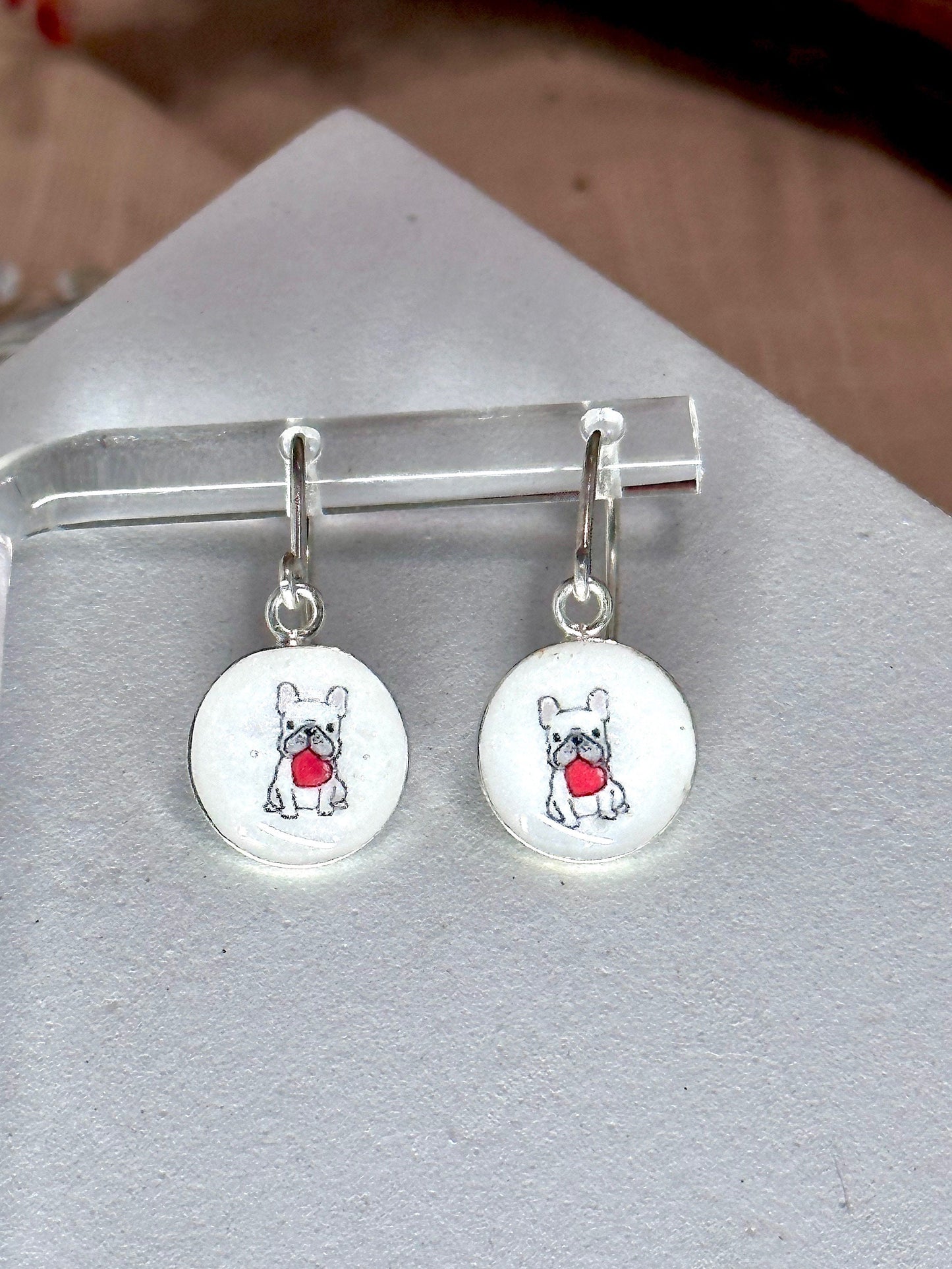 Adorable 10.5mm Sterling Silver French Bulldog Earrings-White/Red Heart Resin Frenchie-.925 Valentine’s Frenchie-2 Styles-Dog Breed Jewelry