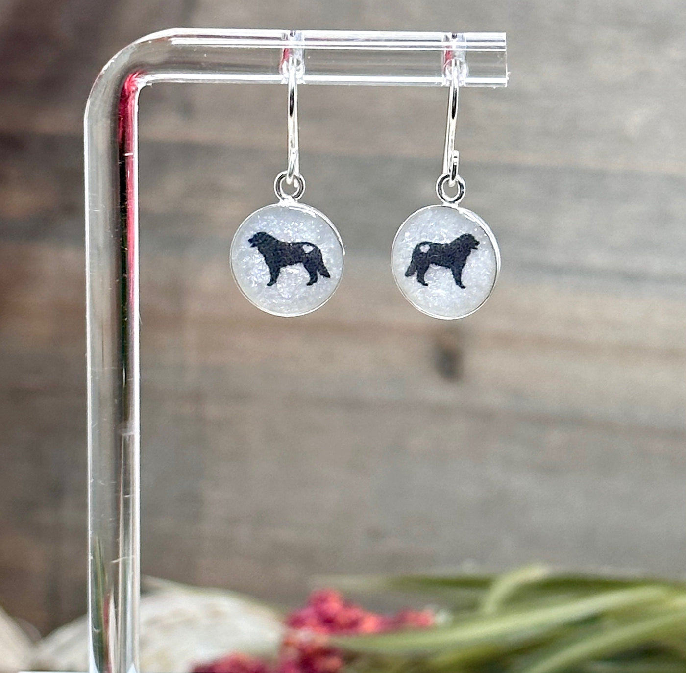 Bernese Mountain Dog Sterling Silver Earrings-Black Silhouette & White Background-Lovable “Berner” Greater Swiss Mtn. Dog Breed Jewelry