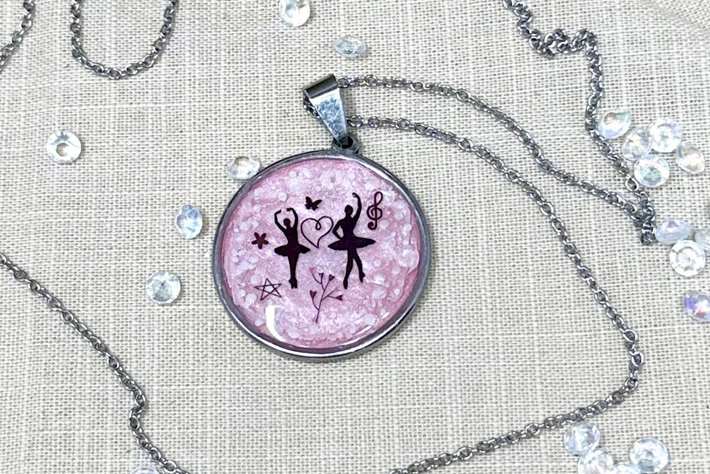 Stainless Steel Ballerina Necklace-Two Pendant Styles-Two Chain Choices-  Pink Background in Stainless Steel Dance-Little Girls-Big Girls