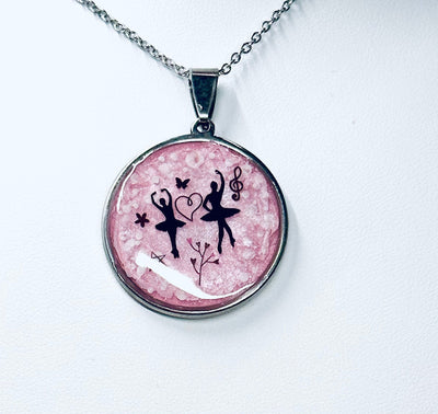 Stainless Steel Ballerina Necklace-Two Pendant Styles-Two Chain Choices-  Pink Background in Stainless Steel Dance-Little Girls-Big Girls