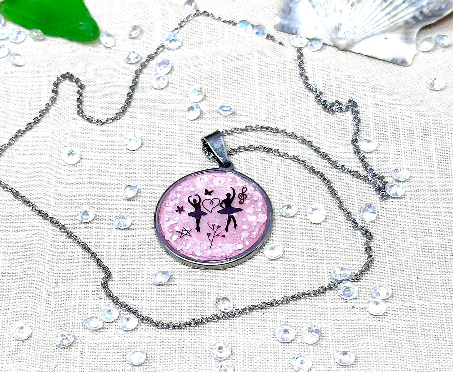 Stainless Steel Ballerina Necklace-Two Pendant Styles-Two Chain Choices-  Pink Background in Stainless Steel Dance-Little Girls-Big Girls