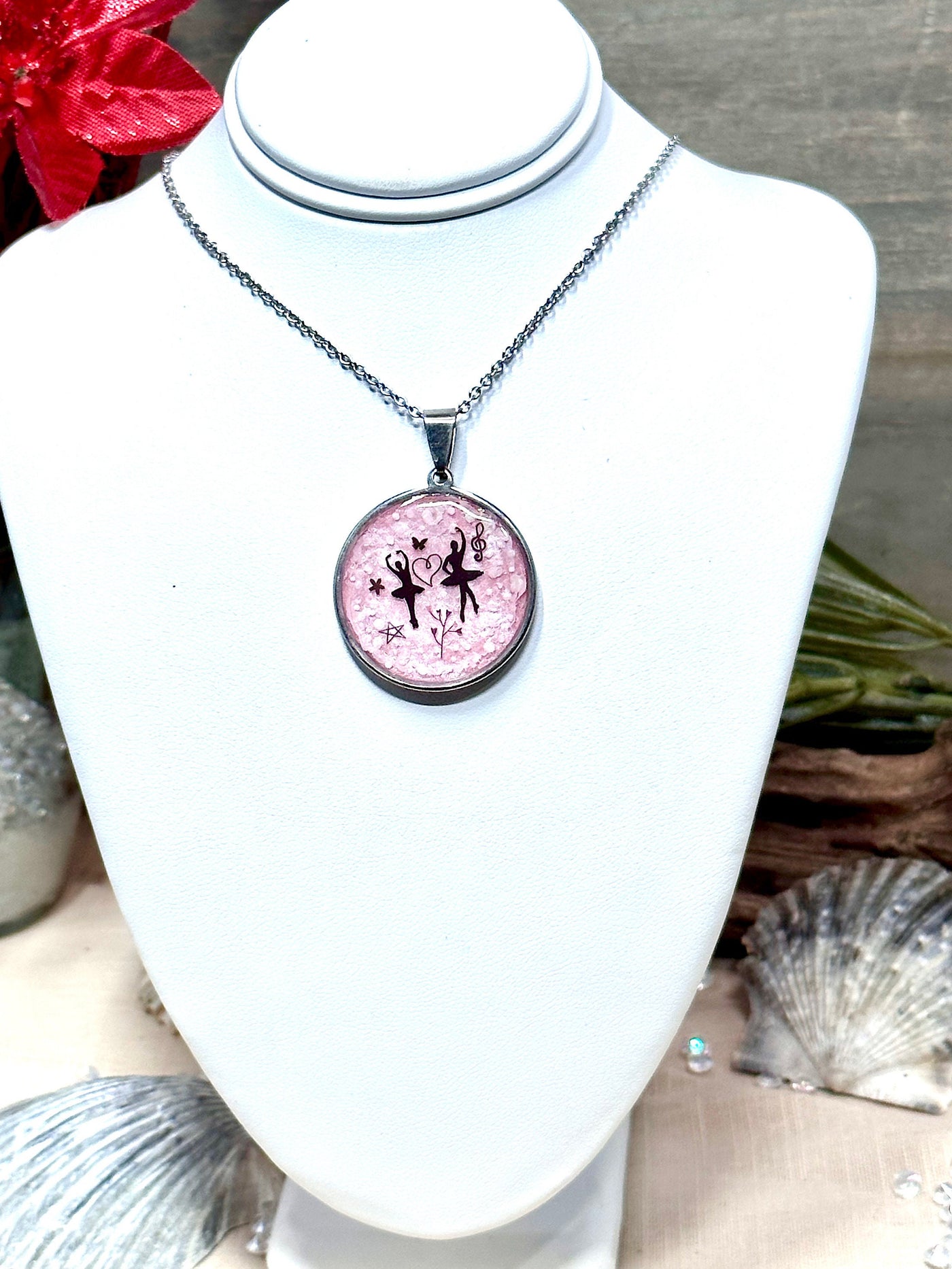 Stainless Steel Ballerina Necklace-Two Pendant Styles-Two Chain Choices-  Pink Background in Stainless Steel Dance-Little Girls-Big Girls