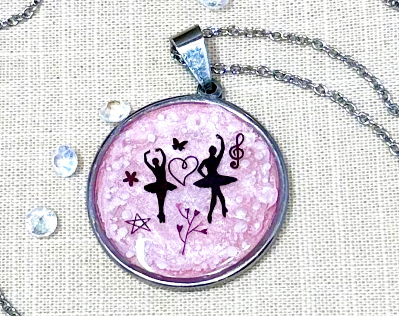 Stainless Steel Ballerina Necklace-Two Pendant Styles-Two Chain Choices-  Pink Background in Stainless Steel Dance-Little Girls-Big Girls