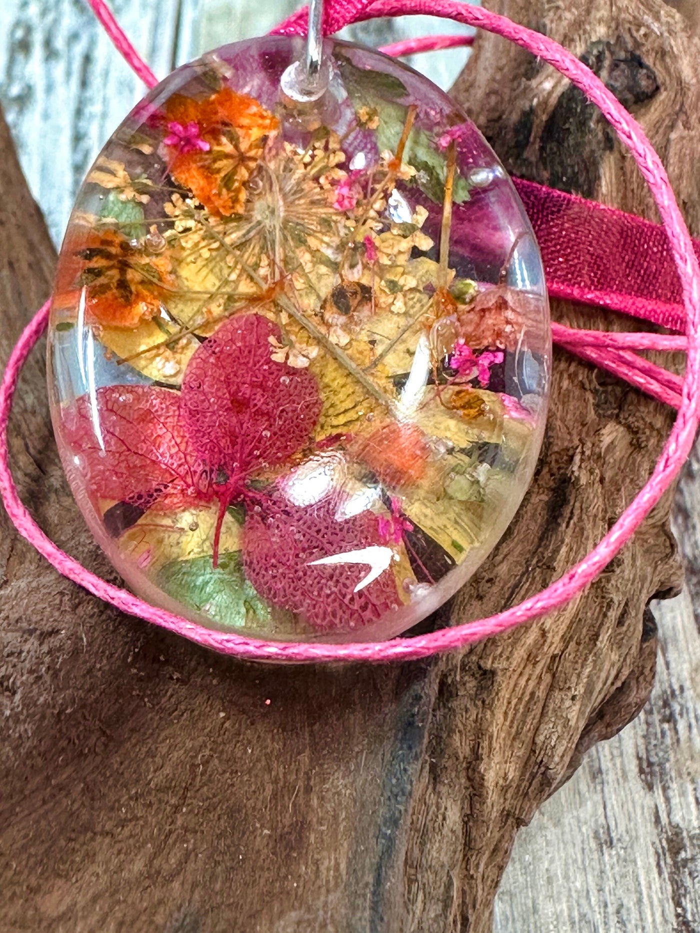 Pink, Orange & Gold Oval Mixed Flower Resin Pendant Necklace-16” Organza and Cotton Cord Chain w/Extender-Oval Crystal Clear Resin Pendant