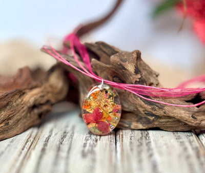 Pink, Orange & Gold Oval Mixed Flower Resin Pendant Necklace-16” Organza and Cotton Cord Chain w/Extender-Oval Crystal Clear Resin Pendant