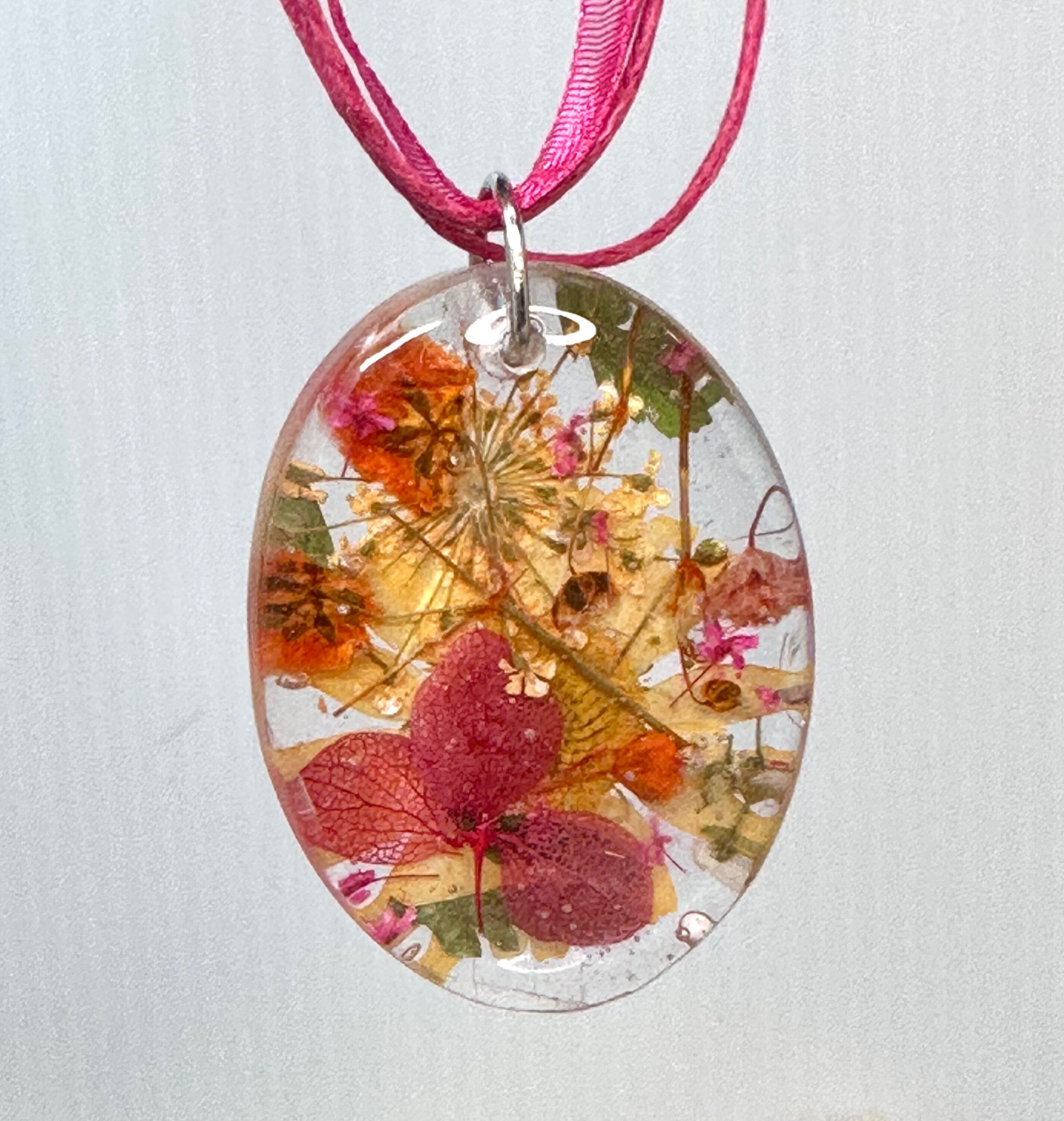 Pink, Orange & Gold Oval Mixed Flower Resin Pendant Necklace-16” Organza and Cotton Cord Chain w/Extender-Oval Crystal Clear Resin Pendant