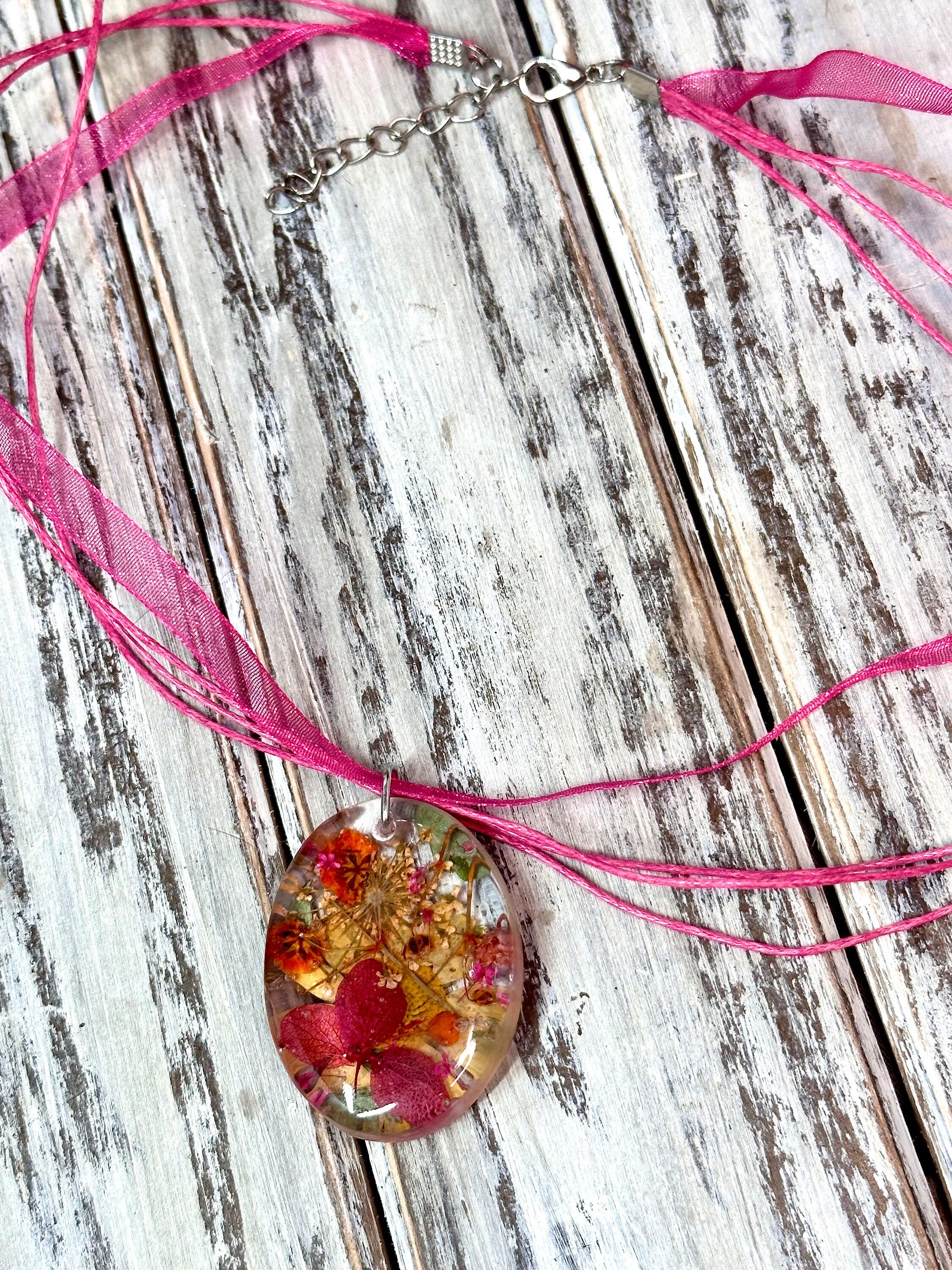 Pink, Orange & Gold Oval Mixed Flower Resin Pendant Necklace-16” Organza and Cotton Cord Chain w/Extender-Oval Crystal Clear Resin Pendant