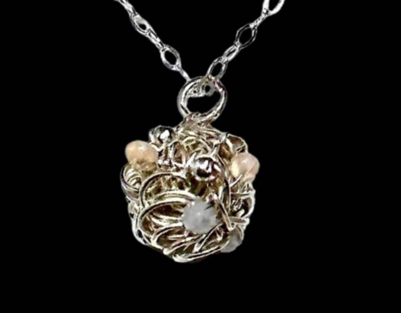 Argentium Silver Sterling Silver Twisted Coiled Wire Ball with Moonstone & Ethiopian Opal Bead Pendant Necklace-For Her-Handmade in the USA