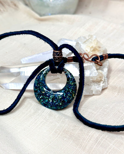 Boho Gypsy Hoop Pendant-Shimmering Ocean Blue/Green Crushed Glass Focal Pendant-Copper Accents-Genuine Suede Leather Cord w/Hook Closure