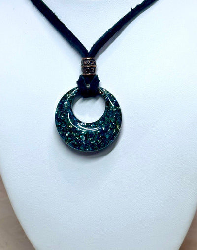 Boho Gypsy Hoop Pendant-Shimmering Ocean Blue/Green Crushed Glass Focal Pendant-Copper Accents-Genuine Suede Leather Cord w/Hook Closure