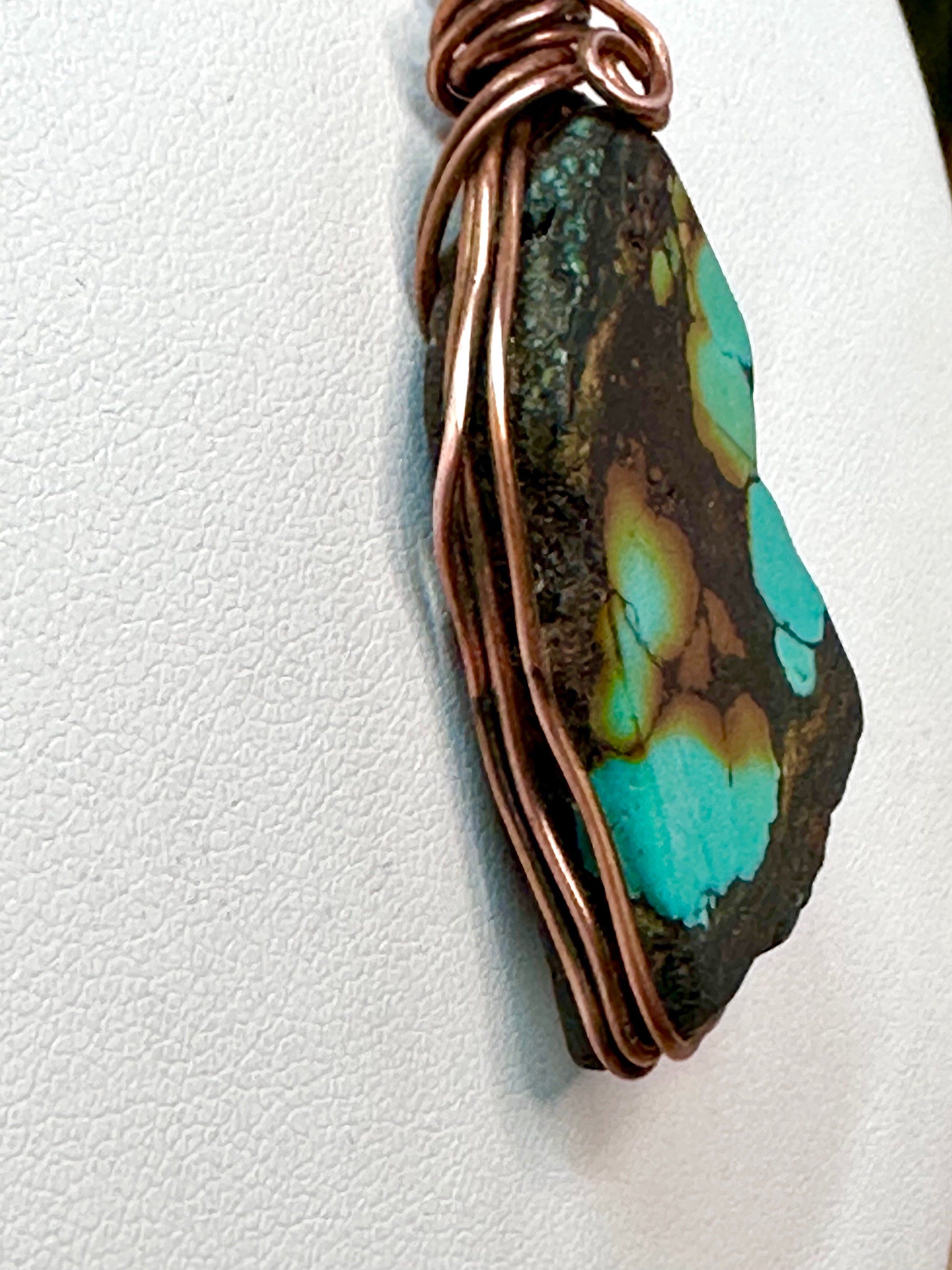 Beautiful Freeform Turquoise Slice & Solid Copper Wire Framed Necklace-Adjustable Length Black Leather Cord-Perfect Valentines Gift-Unisex