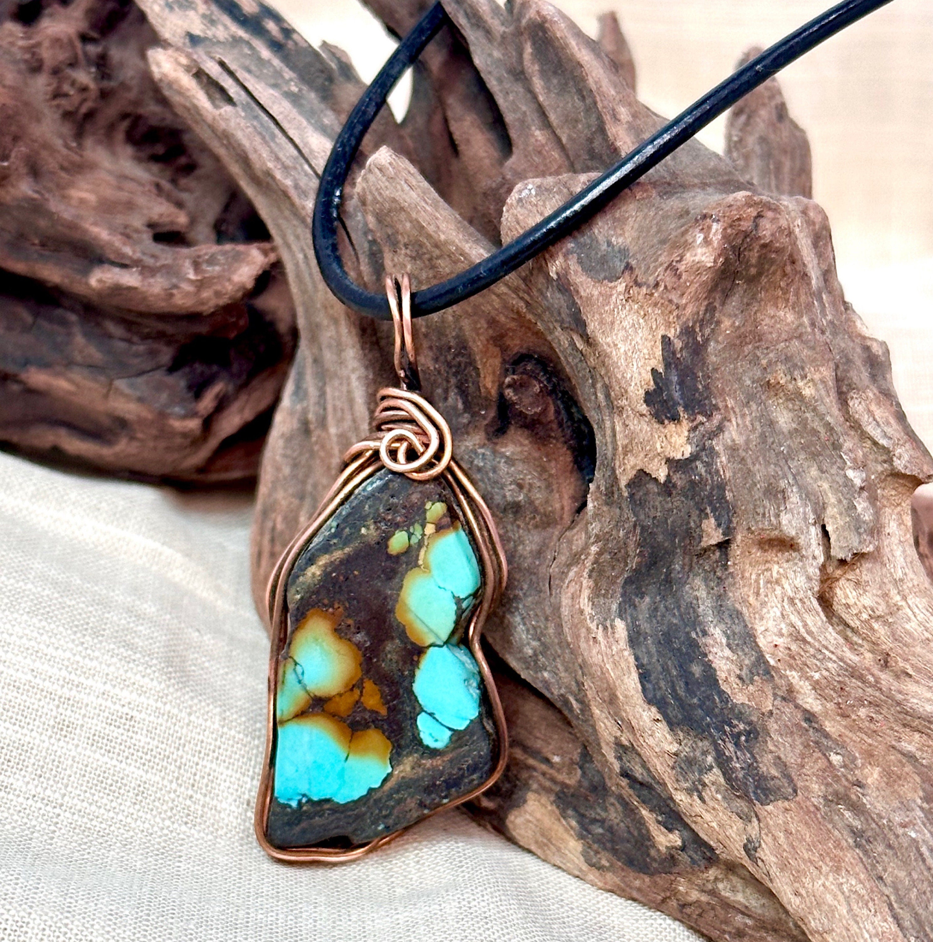 Beautiful Freeform Turquoise Slice & Solid Copper Wire Framed Necklace-Adjustable Length Black Leather Cord-Perfect Valentines Gift-Unisex