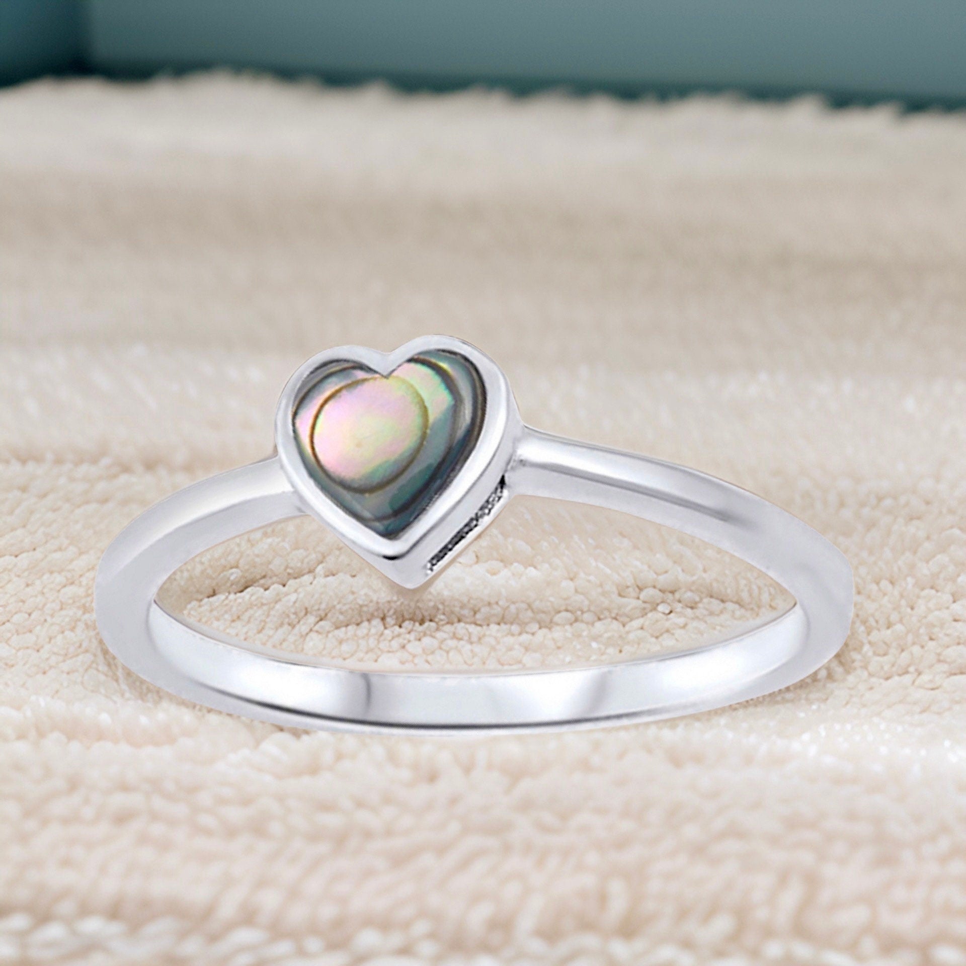 Abalone Small Heart Ring-.925 Sterling Silver-Sizes 4-10-Dainty Love Ring-Girlfriend-Wife-Valentines-Birthday-Anniversary Gift