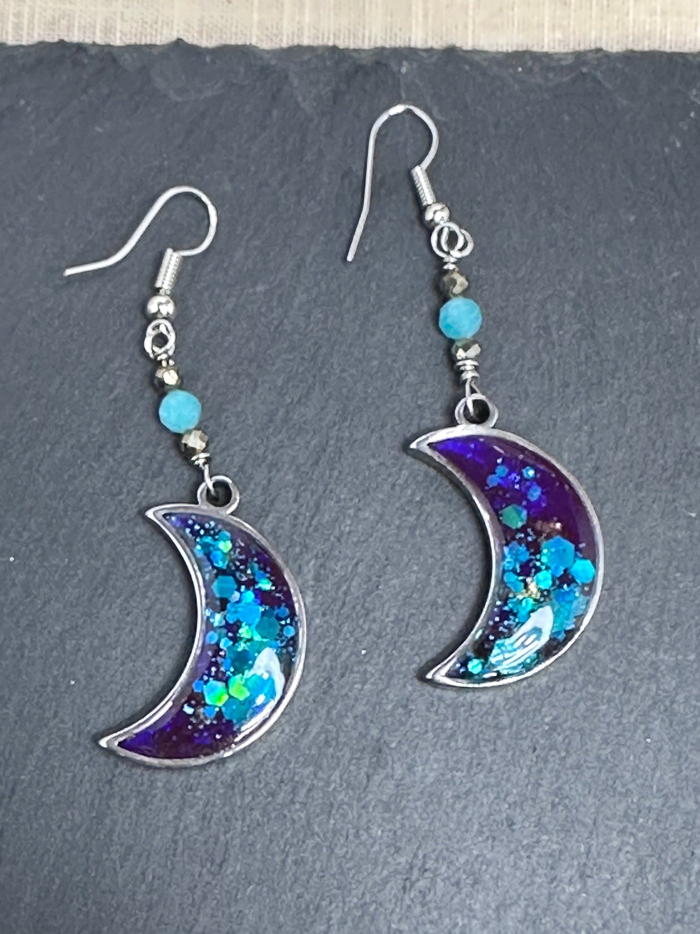 Vibrant Shades of Blue & Purple Stainless Steel Moon Earrings-Accents of Pyrite and Peruvian Amazonite Beads-Handmade in the USA