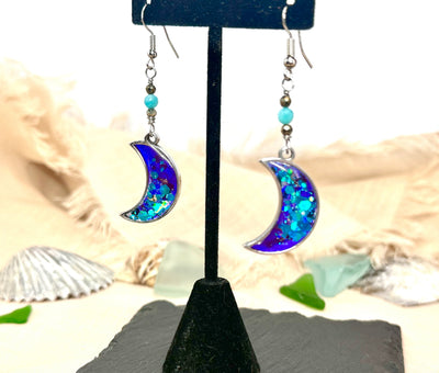 Vibrant Shades of Blue & Purple Stainless Steel Moon Earrings-Accents of Pyrite and Peruvian Amazonite Beads-Handmade in the USA