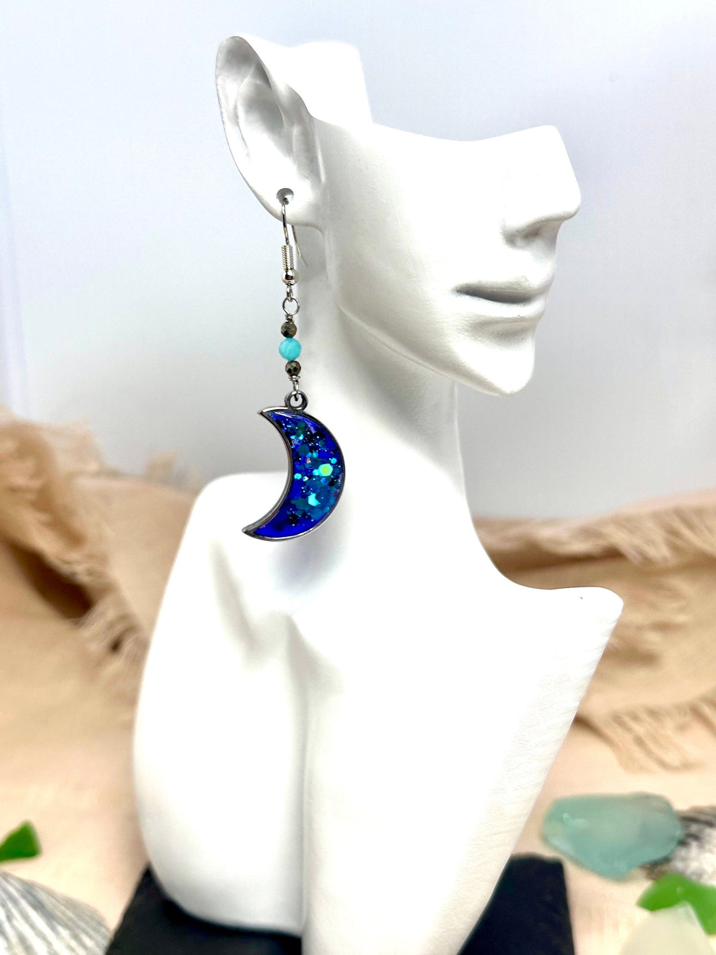 Vibrant Shades of Blue & Purple Stainless Steel Moon Earrings-Accents of Pyrite and Peruvian Amazonite Beads-Handmade in the USA