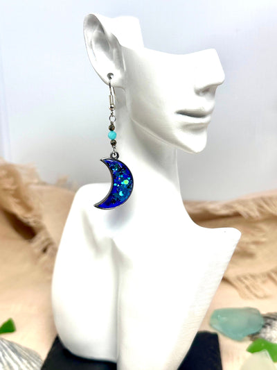 Vibrant Shades of Blue & Purple Stainless Steel Moon Earrings-Accents of Pyrite and Peruvian Amazonite Beads-Handmade in the USA