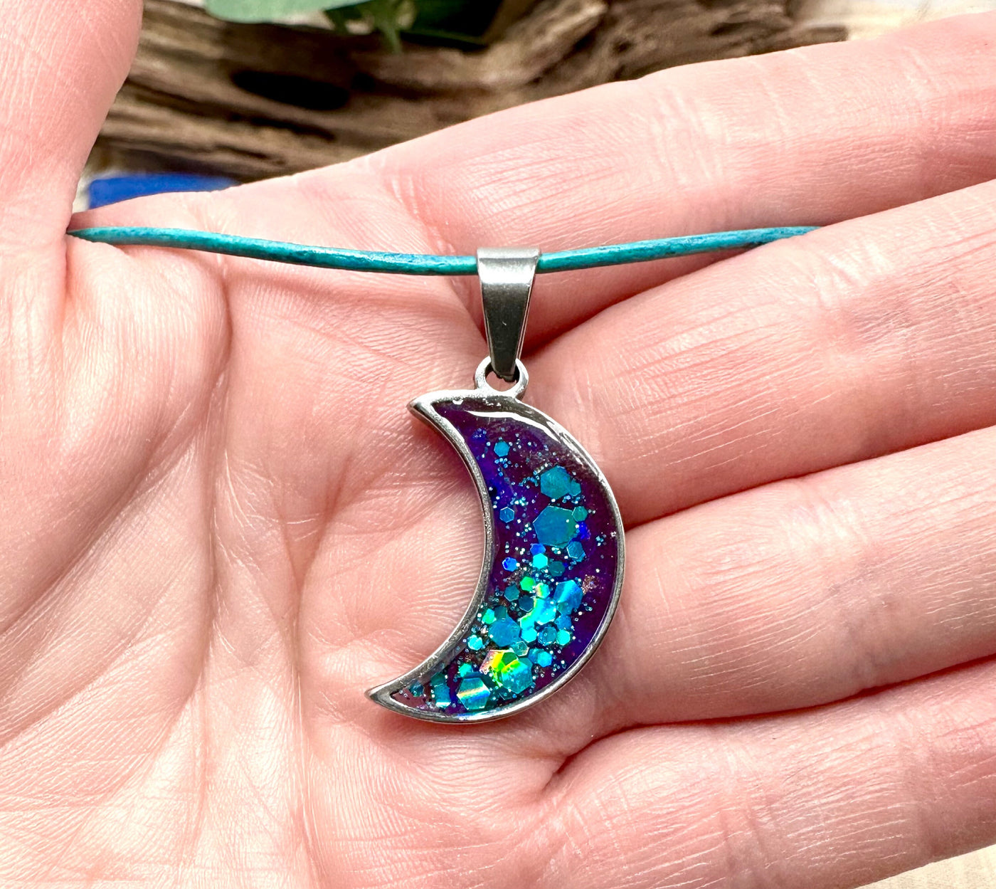 Vibrant Blues & Purple Stainless Steel Moon Necklace-Perfect Elegant Gift for Her-Valentines-Stunning Sparkle-Handmade in the USA