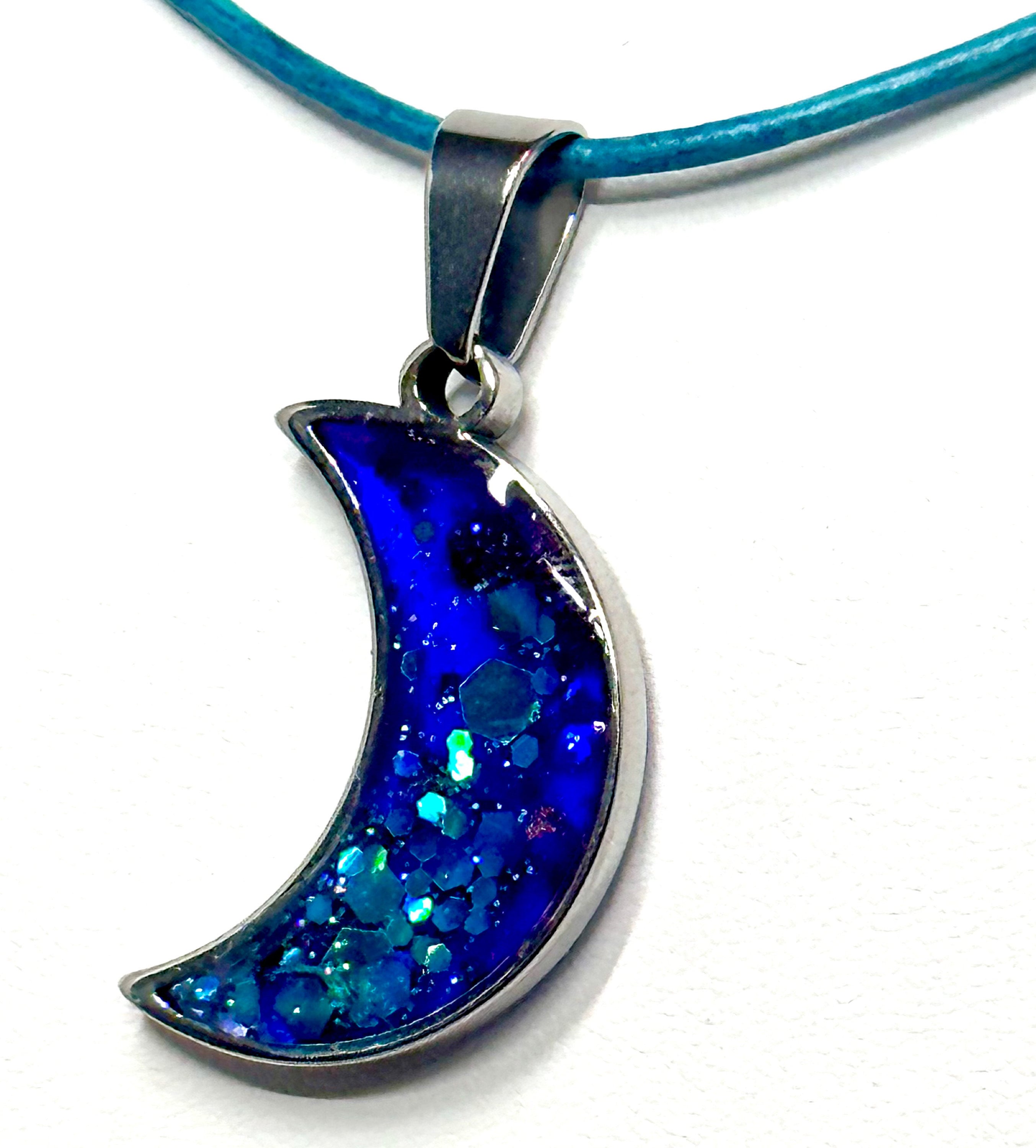 Vibrant Blues & Purple Stainless Steel Moon Necklace-Perfect Elegant Gift for Her-Valentines-Stunning Sparkle-Handmade in the USA