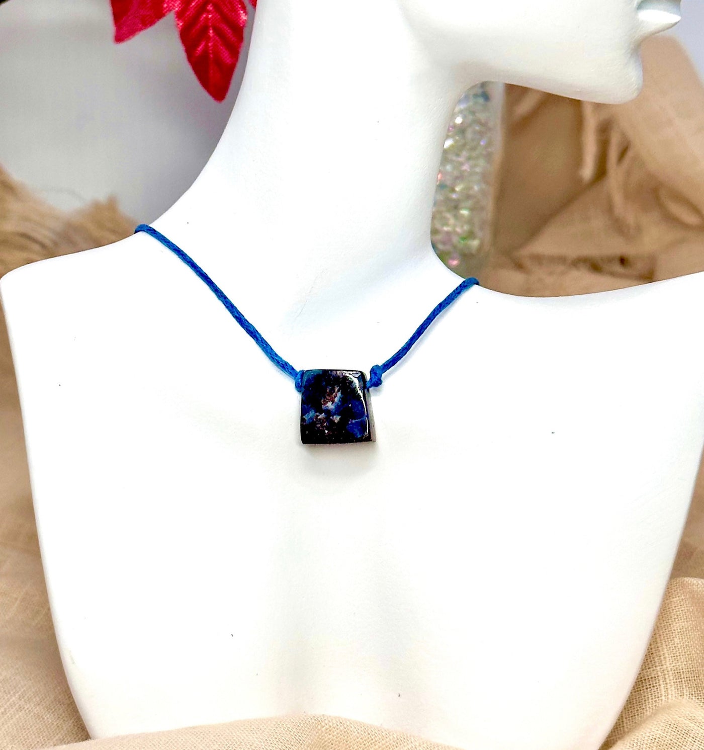 Blue Australian Boulder Opal on Adjustable Medium Blue Hemp Cord Necklace/Choker-Handmade in the USA