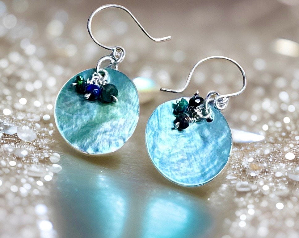 Blue Mollusk & Opal Cluster Earrings-.925 Silver Handmade Beach Lover-Great Valentines Gift-Artisan Boho Beach Jewelry-Fun Mermaid Dangles