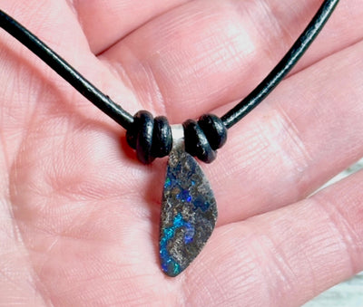 Blue and Purple Boulder Opal Necklace-Australian Freeform Opal with Smooth 2.0mm Black Leather Cord and .925 Sterling Silver Hardware