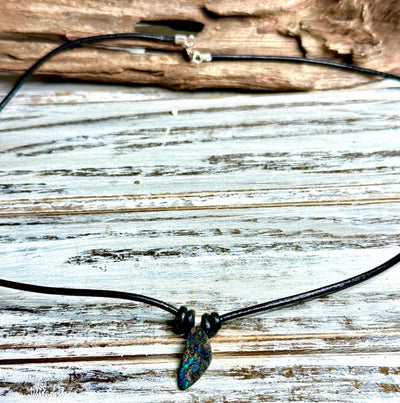 Blue and Purple Boulder Opal Necklace-Australian Freeform Opal with Smooth 2.0mm Black Leather Cord and .925 Sterling Silver Hardware