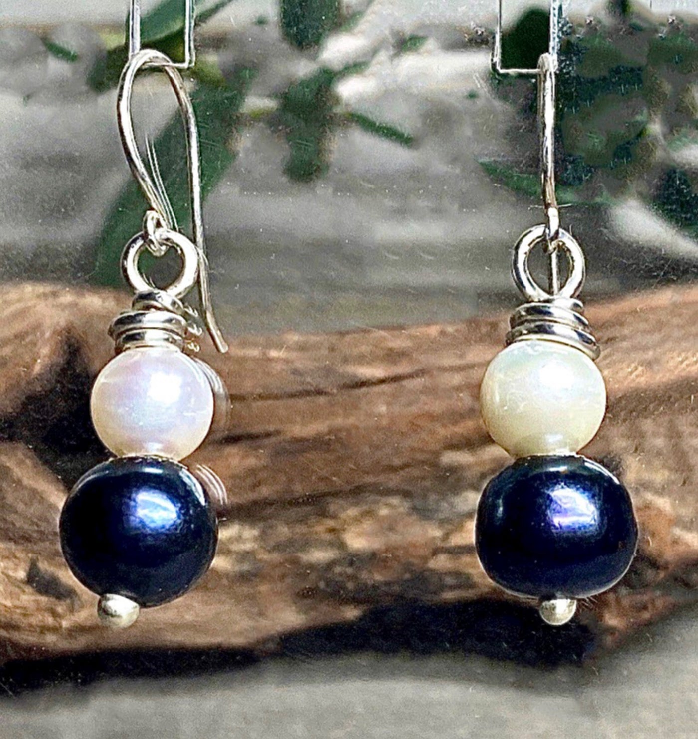 Black and White Freshwater Pearl Earrings in .925 Sterling Silver-Elegant & Handmade Minimalist Jewelry