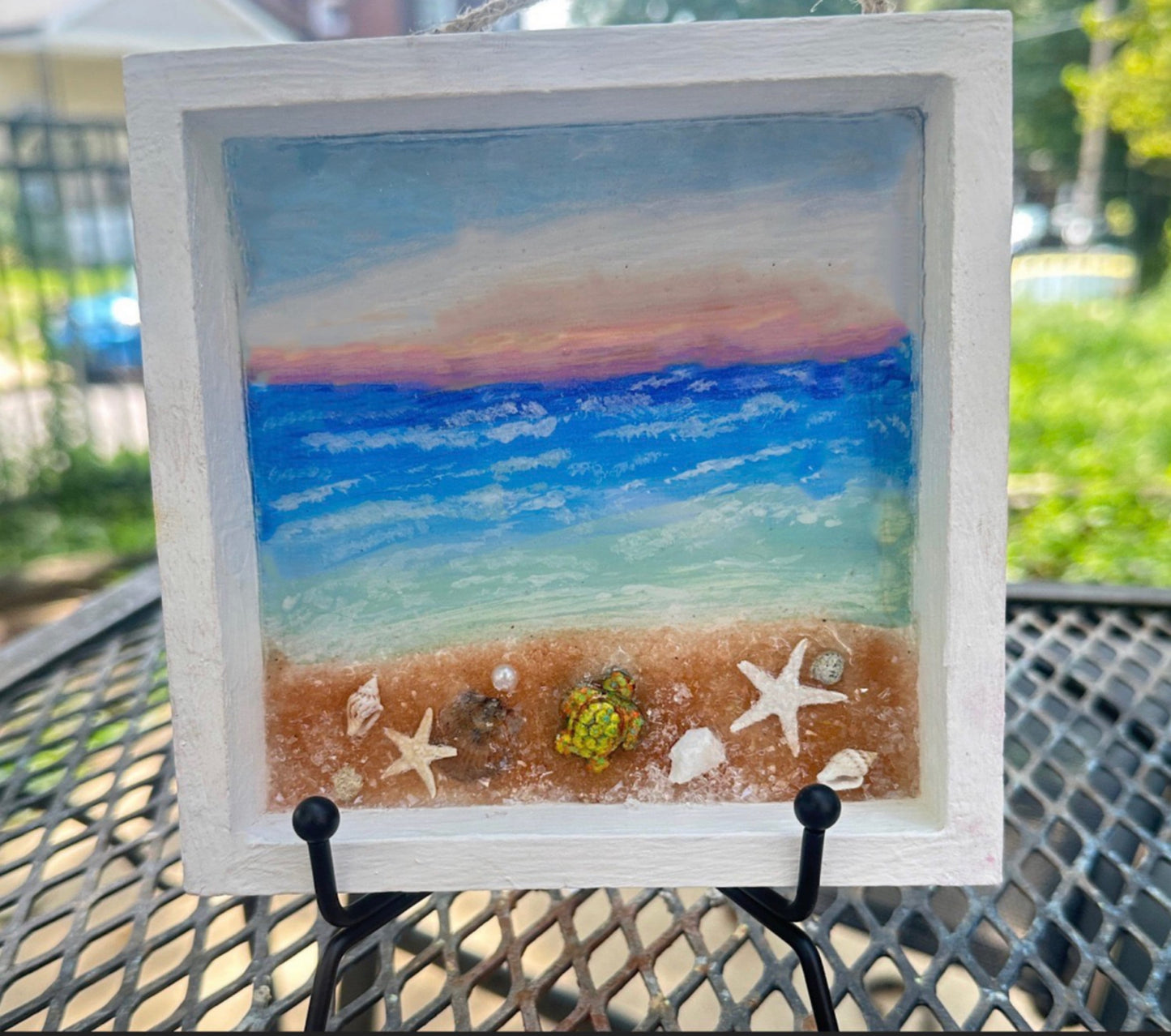 Hand Painted Beach at Sunset, Wall Hanging, Glistening Resin Coastal Mantle Shadowbox Art, Ocean and Beach Christmas Ornament, Calming Art