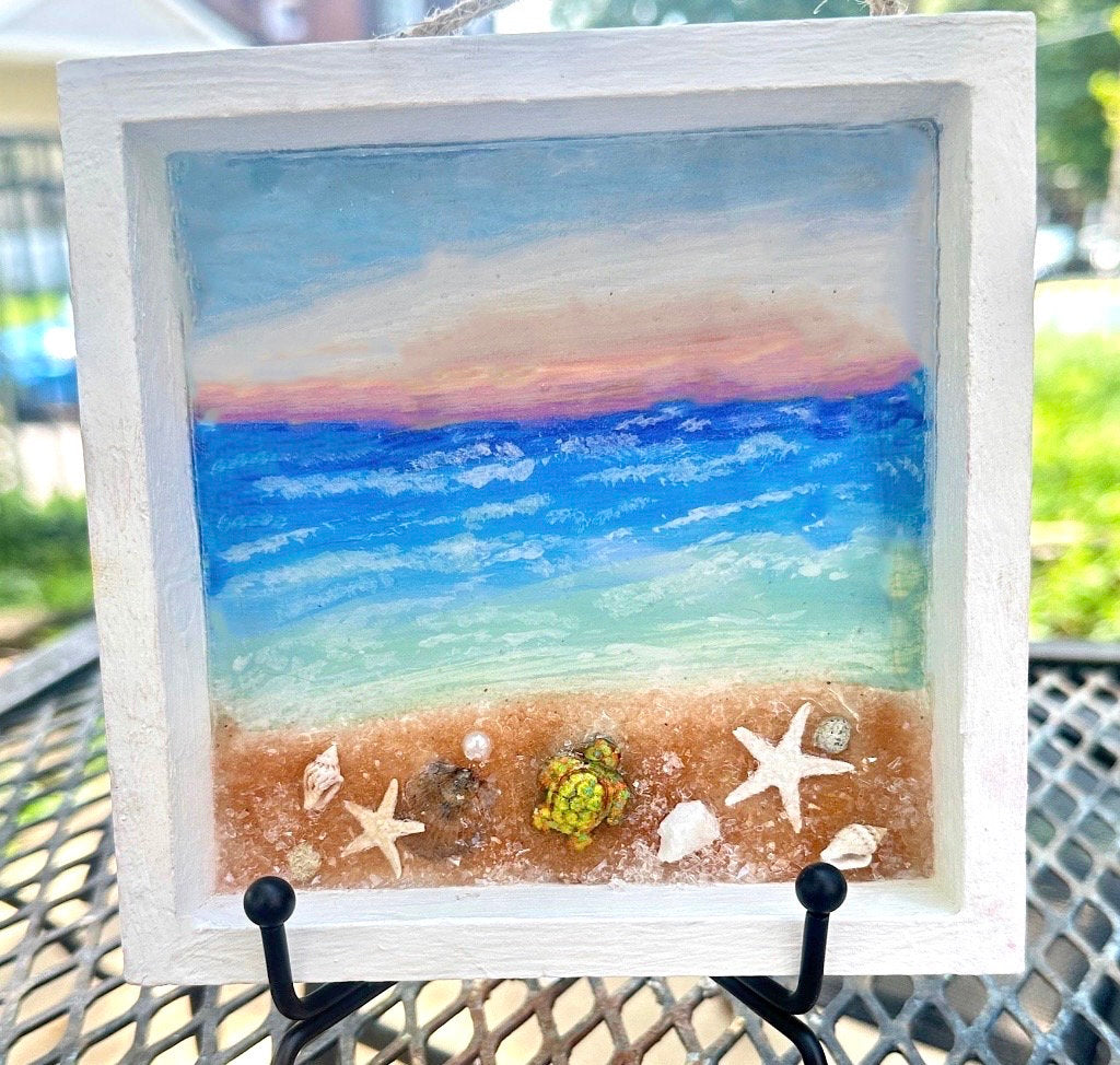 Hand Painted Beach at Sunset, Wall Hanging, Glistening Resin Coastal Mantle Shadowbox Art, Ocean and Beach Christmas Ornament, Calming Art