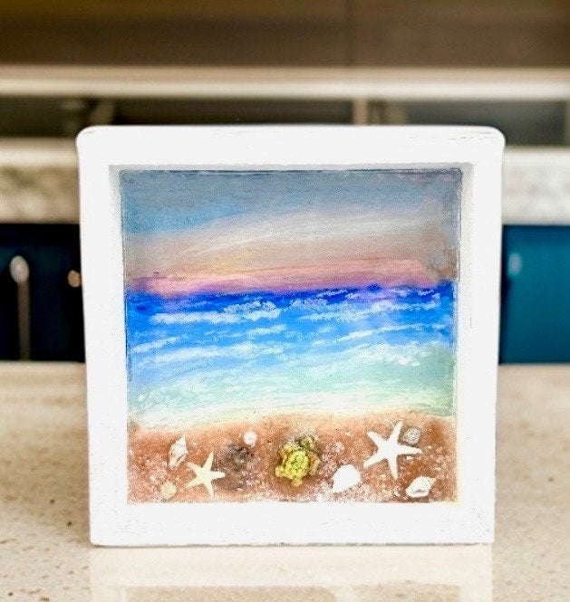 Hand Painted Beach at Sunset, Wall Hanging, Glistening Resin Coastal Mantle Shadowbox Art, Ocean and Beach Christmas Ornament, Calming Art