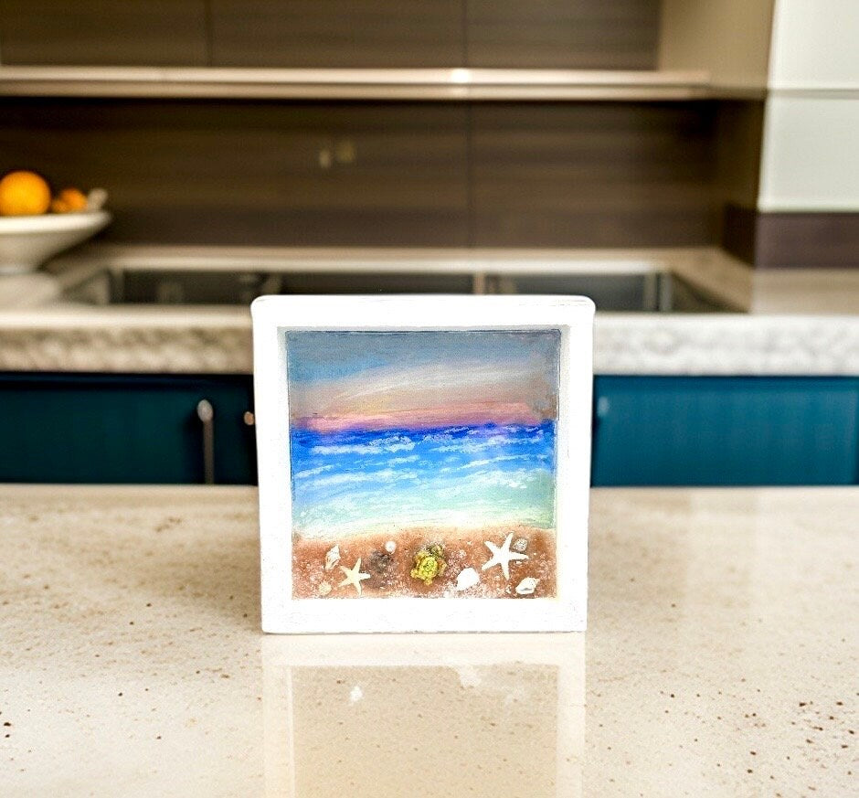 Hand Painted Beach at Sunset, Wall Hanging, Glistening Resin Coastal Mantle Shadowbox Art, Ocean and Beach Christmas Ornament, Calming Art