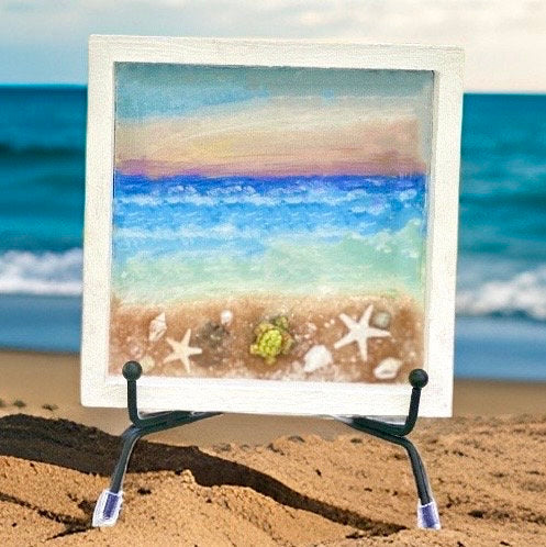 Hand Painted Beach at Sunset, Wall Hanging, Glistening Resin Coastal Mantle Shadowbox Art, Ocean and Beach Christmas Ornament, Calming Art