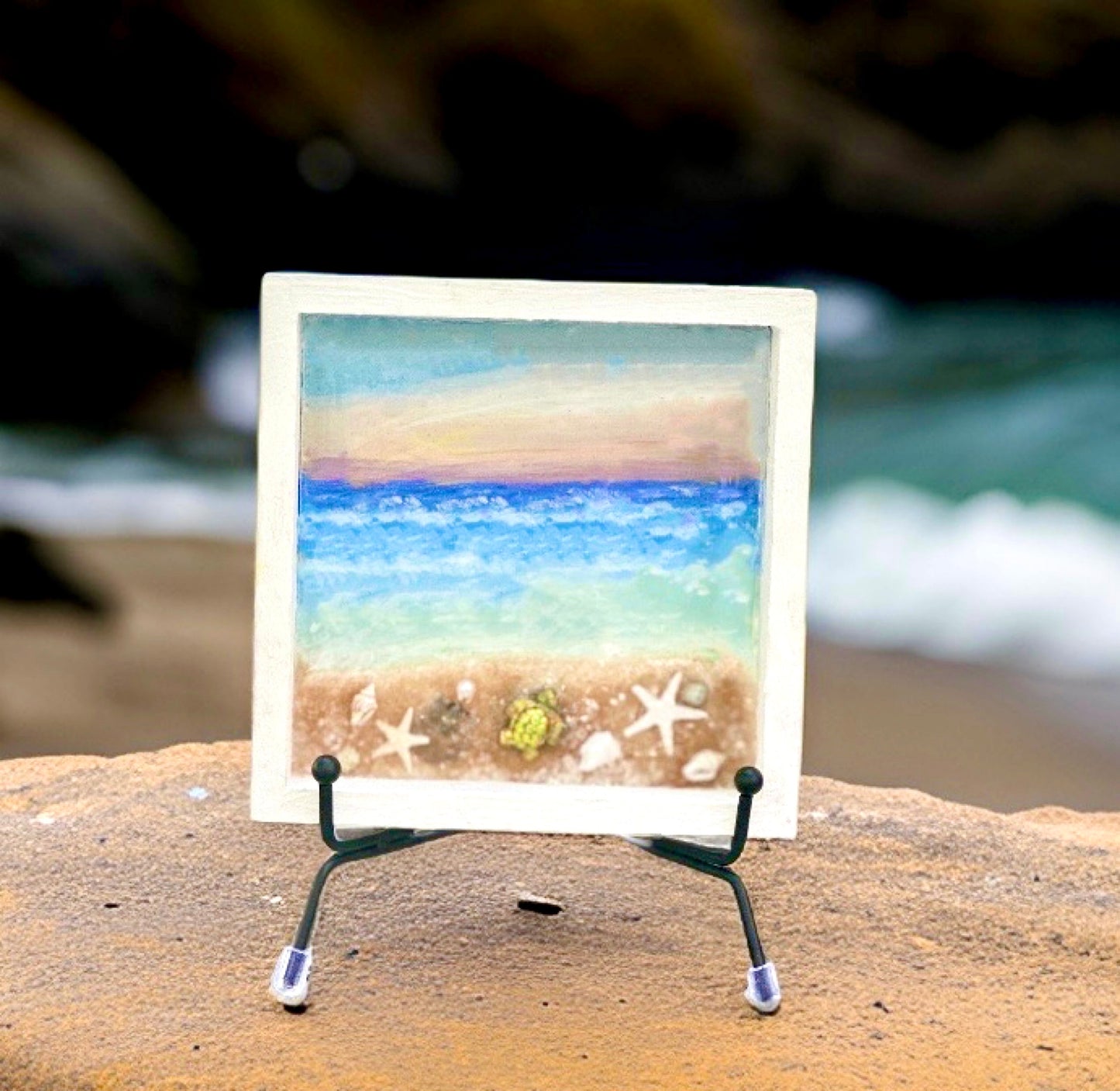 Hand Painted Beach at Sunset, Wall Hanging, Glistening Resin Coastal Mantle Shadowbox Art, Ocean and Beach Christmas Ornament, Calming Art