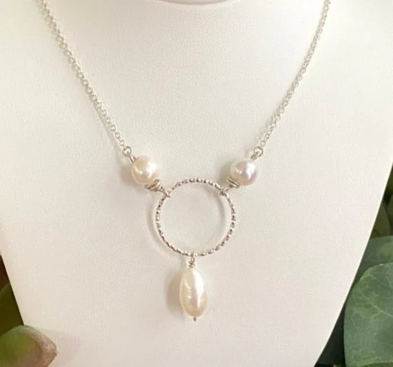 Elegant and Striking Sterling Silver and White Pearls Connector Ring Necklace