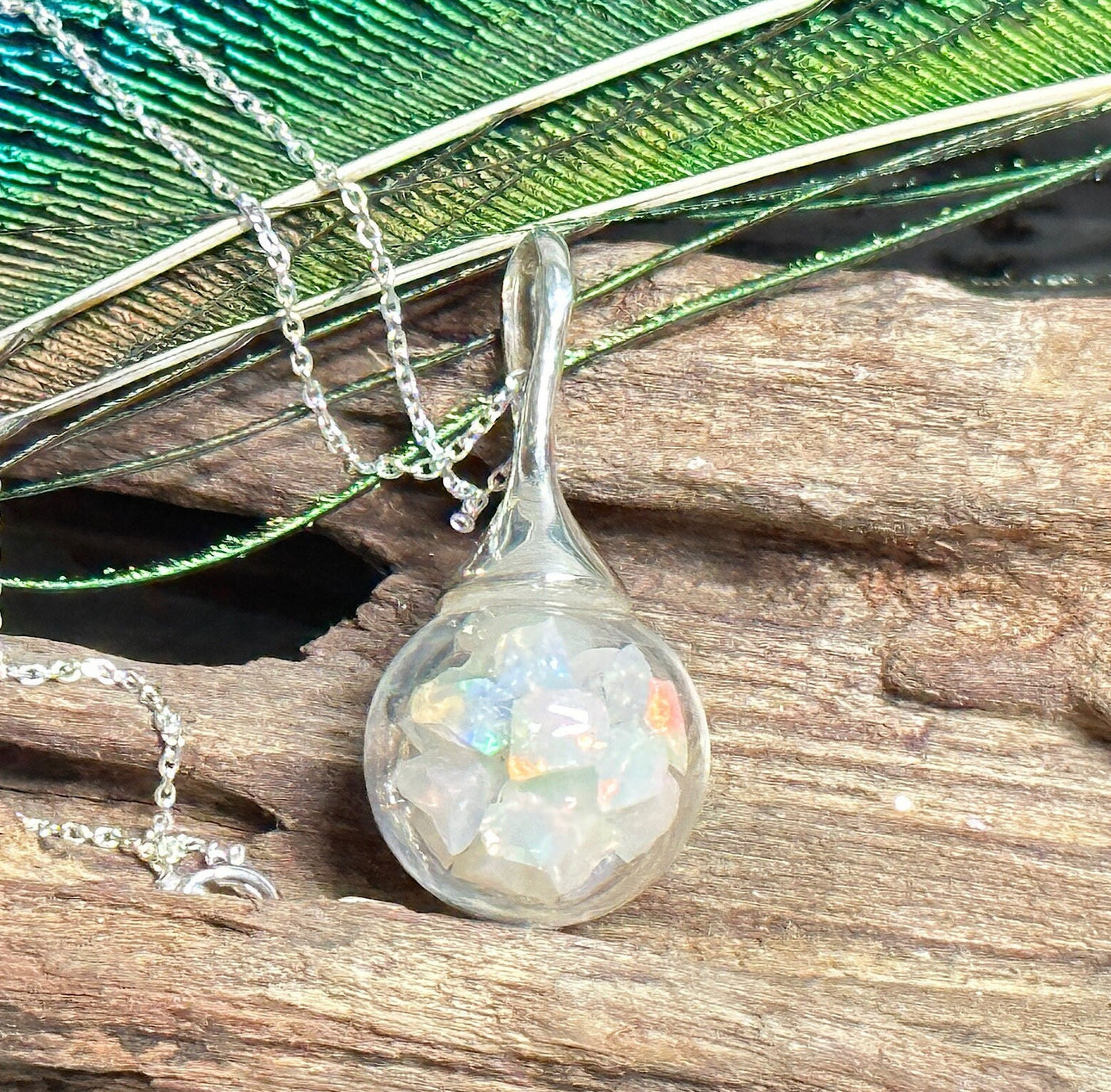 Opal Crystal 14mm Globe in Sterling Silver Necklace-White Ethiopian Welo Opal Chunks/Chips-Special Gift-.925 Sterling-October Birthstone