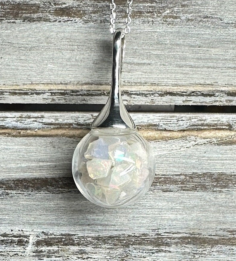 Opal Crystal 14mm Globe in Sterling Silver Necklace-White Ethiopian Welo Opal Chunks/Chips-Special Gift-.925 Sterling-October Birthstone