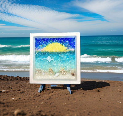 Crushed Glass and Resin 5X5” Beach Scene with Baby Beluga Whale-Perfect Gift for a Beach Themed Baby Nursery, Bathroom or Powder Room