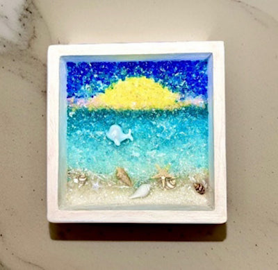 Crushed Glass and Resin 5X5” Beach Scene with Baby Beluga Whale-Perfect Gift for a Beach Themed Baby Nursery, Bathroom or Powder Room