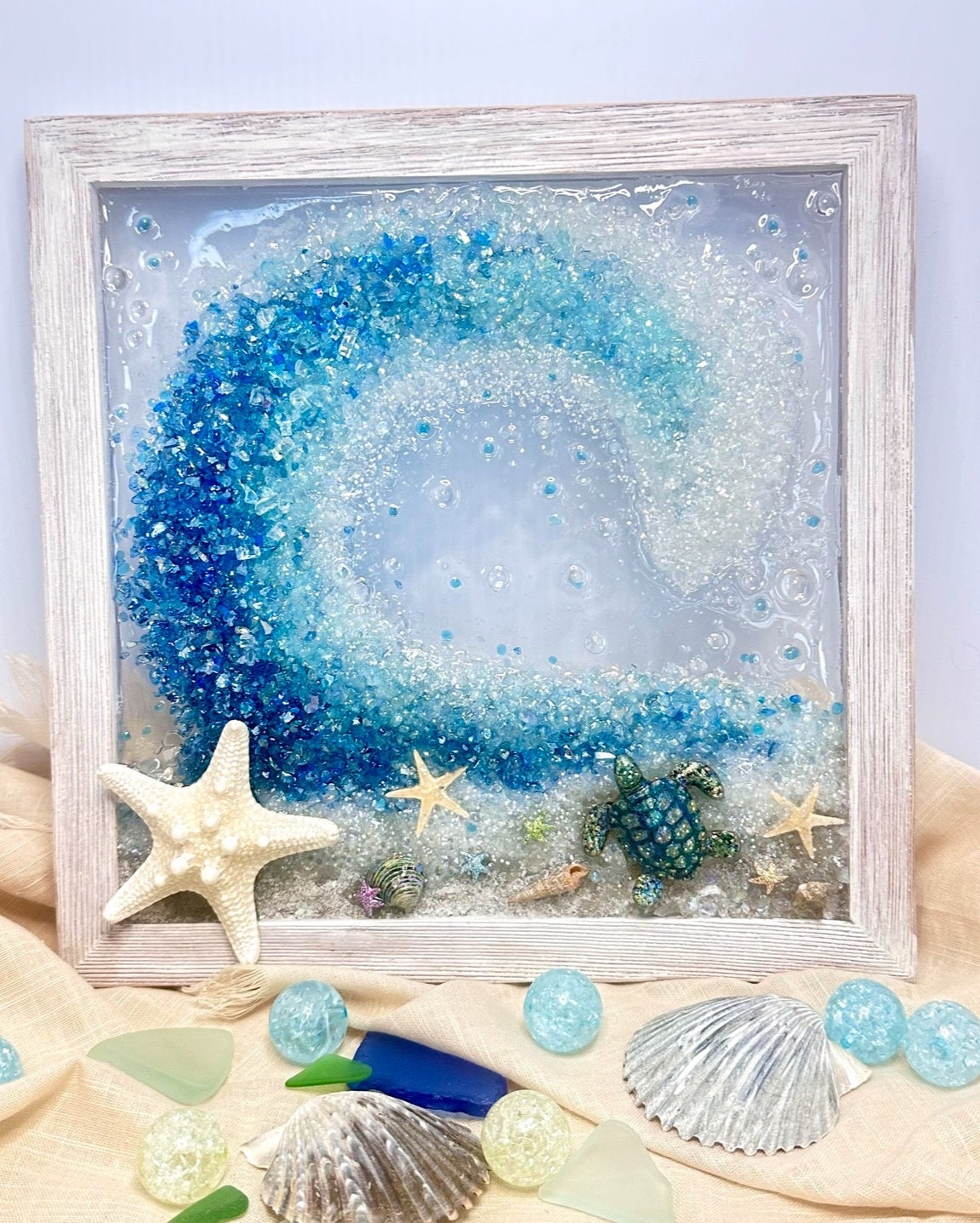 CUSTOM ORDER 9x9” Crushed Glass Framed Beach Wave Resin Wall Hanging, Sand, Shells, and Starfish Nautical Art, Handmade Coastal, USA Made